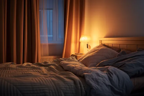 Radiateur d'appoint mobile installé dans une chambre à coucher avec détecteur de fumée au plafond