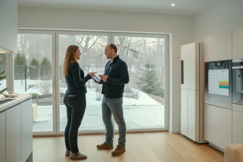 Système de pompe à chaleur moderne relié à un plancher chauffant hydraulique basse température dans une maison économe en énergie