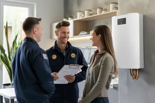 Chauffagiste professionnel certifié effectuant l'entretien d'une chaudière domestique