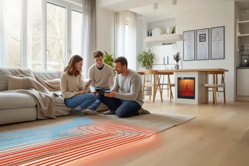 Schéma détaillé expliquant le fonctionnement d’un plancher chauffant hydraulique, ses tuyaux, la chaudière et la répartition de chaleur