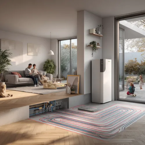 Système de pompe à chaleur reliée au plancher chauffant d'une maison moderne