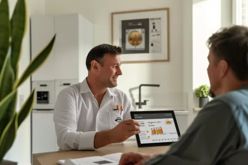 Technicien professionnel vérifiant une chaudière moderne lors d'un entretien annuel à domicile