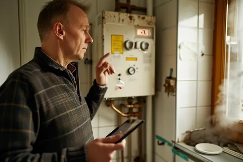 Chaudière à gaz défectueuse présentant des traces de rouille et une fuite d'eau visible