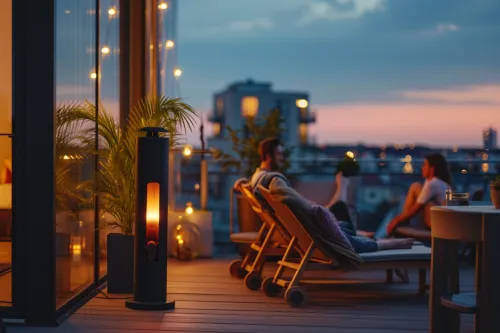 Radiateur extérieur moderne et écologique installé sur une terrasse contemporaine avec végétation