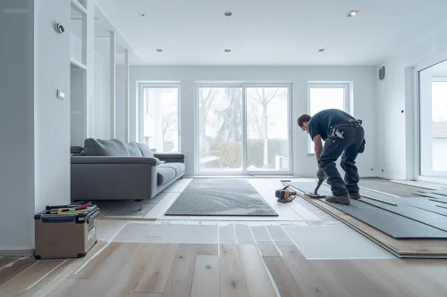 Pose de panneaux isolants thermiques sur le plancher d'une habitation en rénovation énergétique