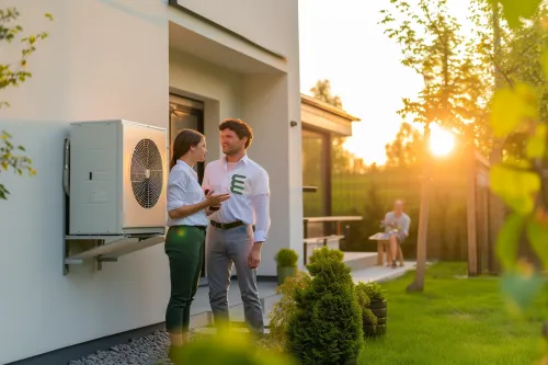 Technicien installant une pompe à chaleur moderne en remplacement d'une ancienne chaudière à gaz