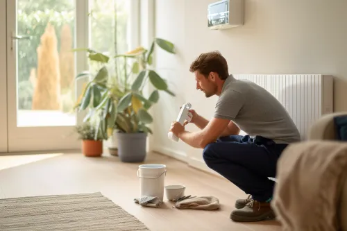 Radiateurs à eau chaude bien entretenus dans un salon moderne, optimisant le confort thermique et réduisant la consommation d’énergie