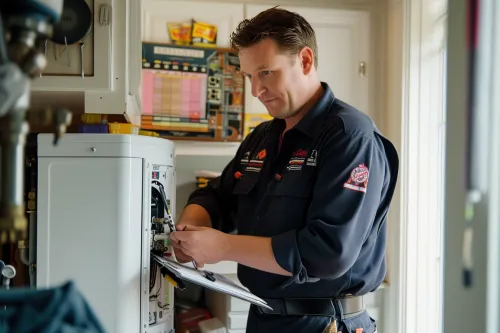 Technicien professionnel effectuant la vérification annuelle obligatoire d'une chaudière gaz murale