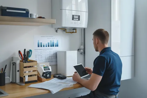 Technicien qualifié effectuant la maintenance annuelle d'une chaudière avec ses outils professionnels